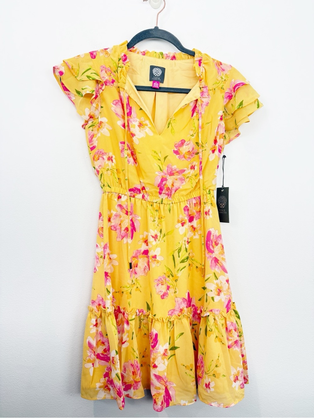 Vince Camuto Yellow Floral Tie Neck Short Sleeve Dress Size 0 Petite NWT